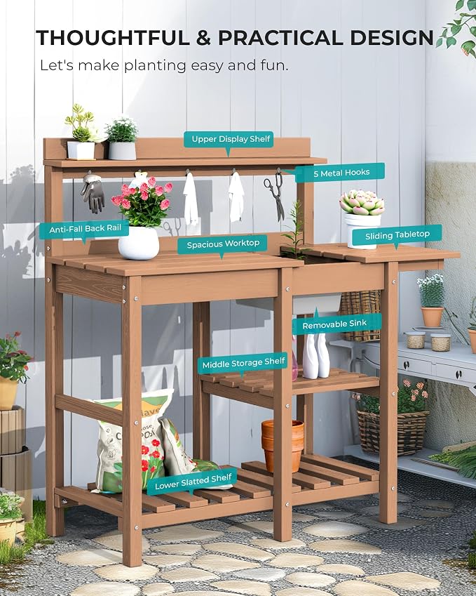 SERWALL Outdoor Potting Bench 2-Piece Set, Rot-Resistant HDPE Potting Table - Image 8