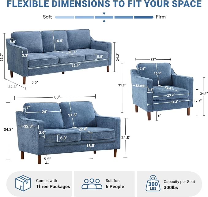 Kingfun Living Room Furniture Sets, 3 Seater Couch, Armchair and Loveseat - Image 2