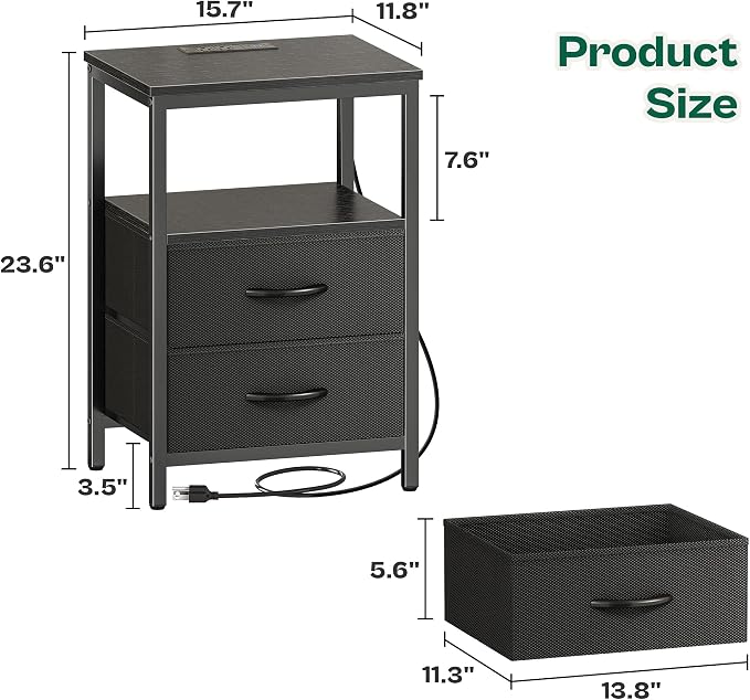Huuger Night Stand with Charger Station and LED Lights, 2 Drawer Nightstand - Image 3