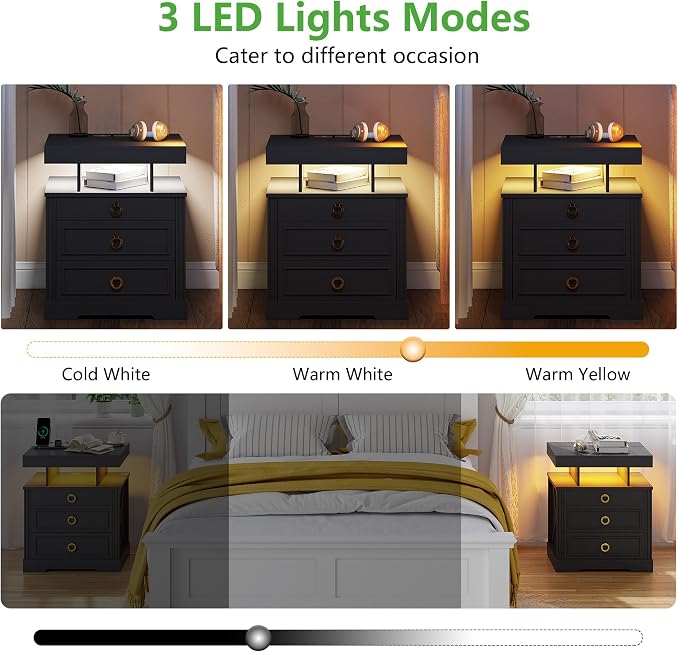 HNEBC Night Stand Set 2 with Gun Drawers, Farmhouse Nightstand with Charging - Image 5