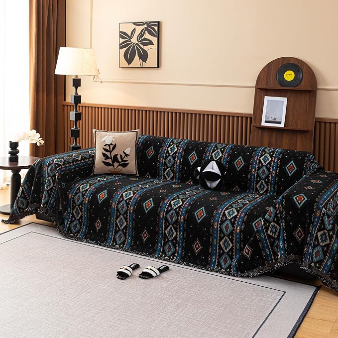 VClife Bohemian Couch Cover, Vintage Moroccan Tribal Geometric Chenille Couch - Image 3