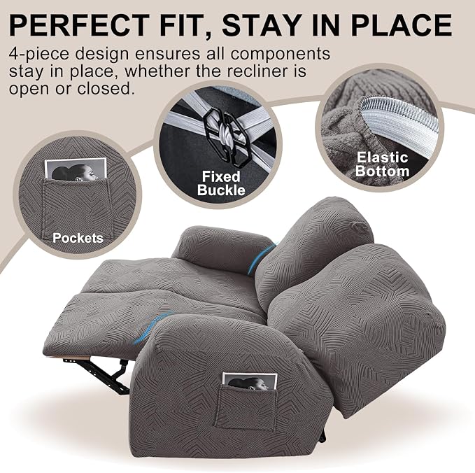 Recliner Loveseat Covers, 4-Piece Stretch Geometric Strokes Jacquard Reclining - Image 4
