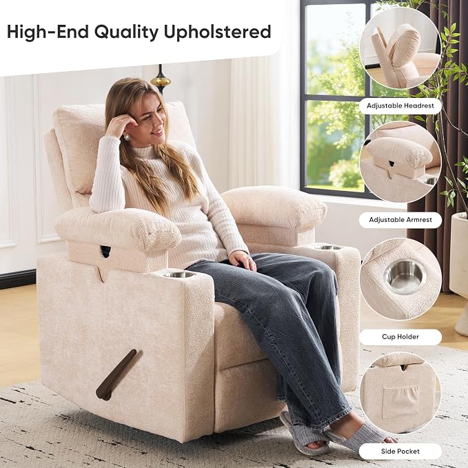 Swivel Rocker Recliner with Adjustable Armrests, Rocking Nursery Chair with - Image 6
