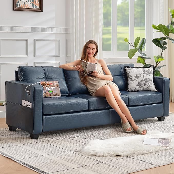 TYBOATLE 88" W Faux Leather Couch w/Side Pockets, Mid-Century Modern Tufted - Image 9