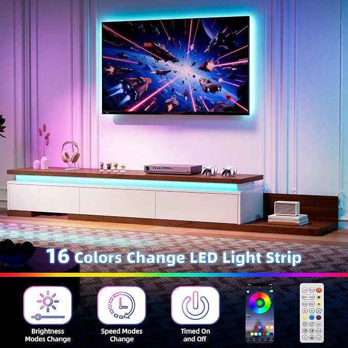 Extendable TV Stand with LED Lights, Modern TV Console with 3 Drawers, Wooden - Image 4