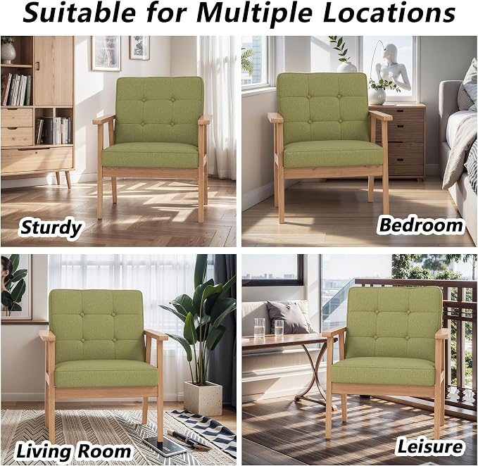 Modern Accent Chair with Wooden Table, Upholstered Linen Fabric Leisure Chair - Image 8