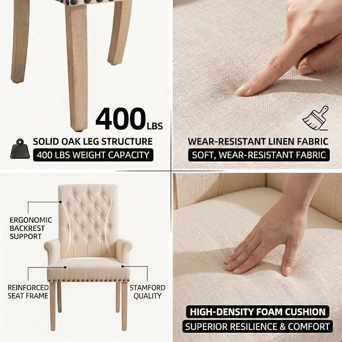 Modern Backrest Cushioned Dining Chair, Button Decorated Armrest Linen Chair - Image 6