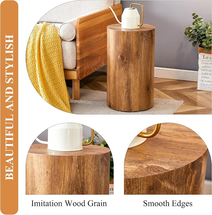 12'' Boho Cylinder Side Table for Living Room, Natural Wood Accent Tables - Image 6