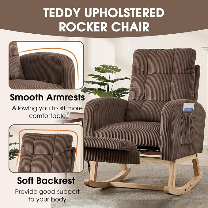 NIOIIKIT Nursery Rocking Chair, Corduroy Upholstered Rocking Chair - Image 6