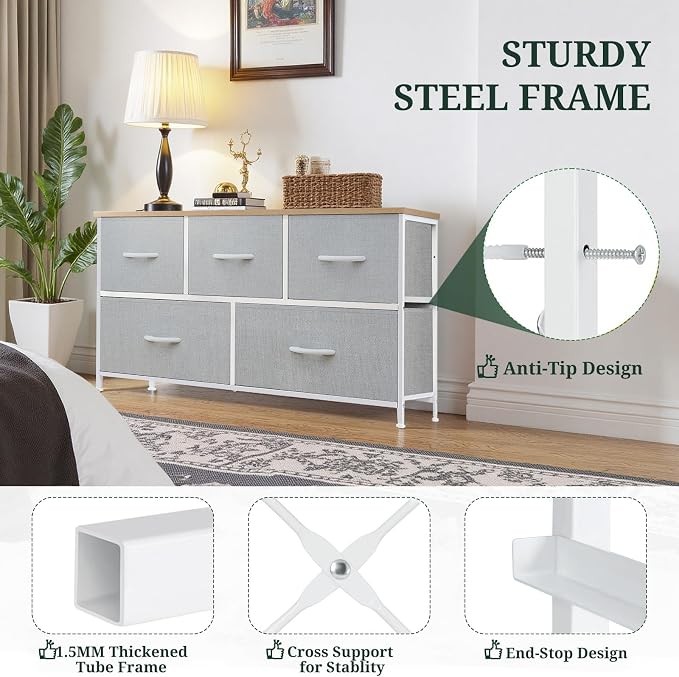 5-Drawer Dresser for Bedroom, Anti-Tip Wide Storage Organizer Fabric Chest of - Image 4