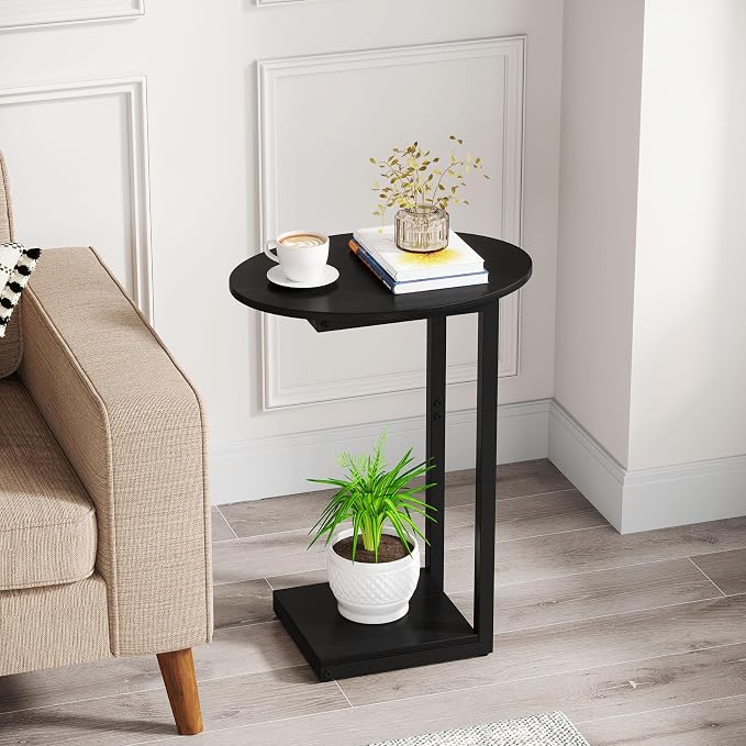 Hosfais Small Side Table End Table, C-Shaped Wood Coffee Table TV Tray - Image 2