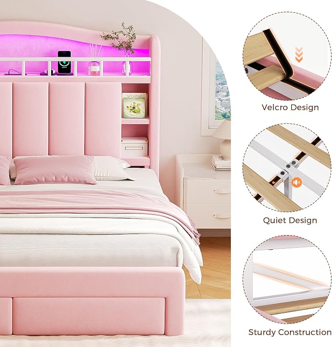 Queen LED Bed Frame with Storage Headboard & 2 Storage Drawers, Princess Velvet - Image 9