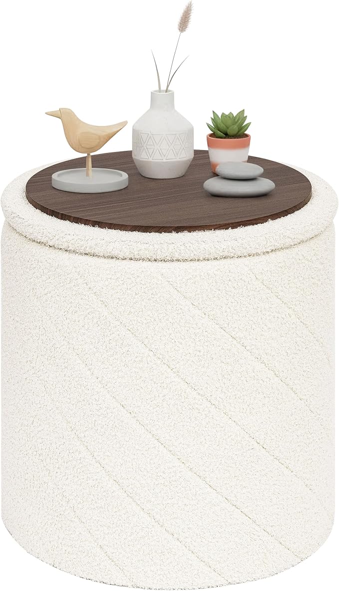 PINPLUS Ottoman with Stroage Round Boucle Ottoman and Tray Sherpa Removable by PINPLUS