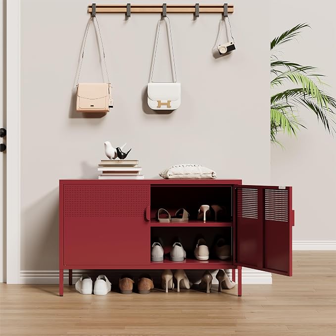 Metal Storage Cabinet, 2 Door TV Stand, Metal Mesh Accent Cabinet, Magnetic - Image 5
