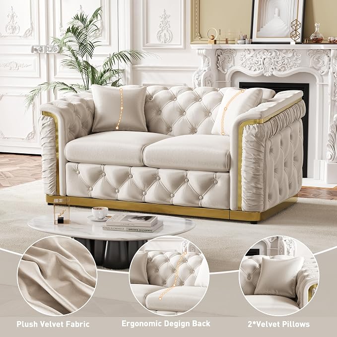 62.2" Luxury Velvet Chesterfield Sofa Tufted Victorian Black and Gold Couch - Image 7