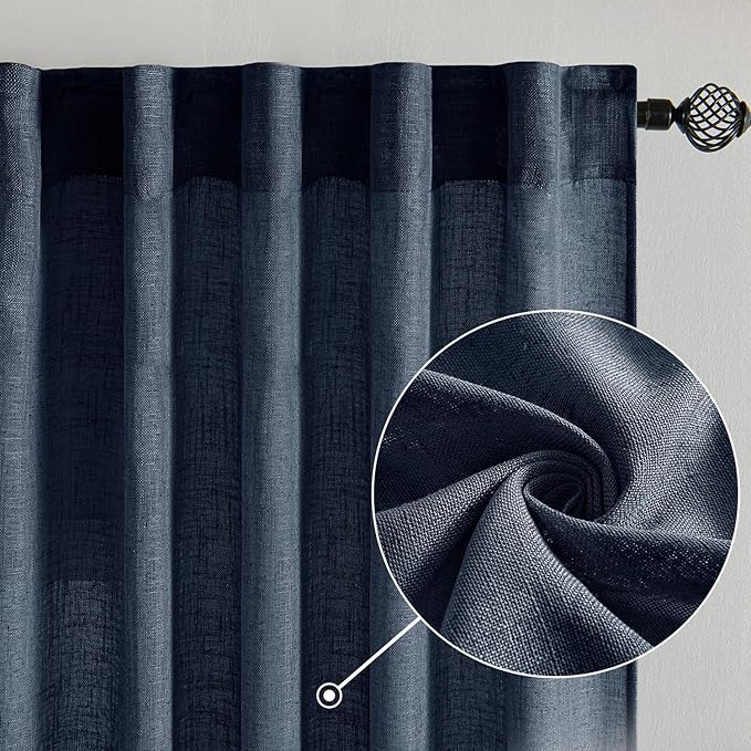 MIULEE Navy Blue Linen Curtains 54 Inch Length 2 Panels - Image 2