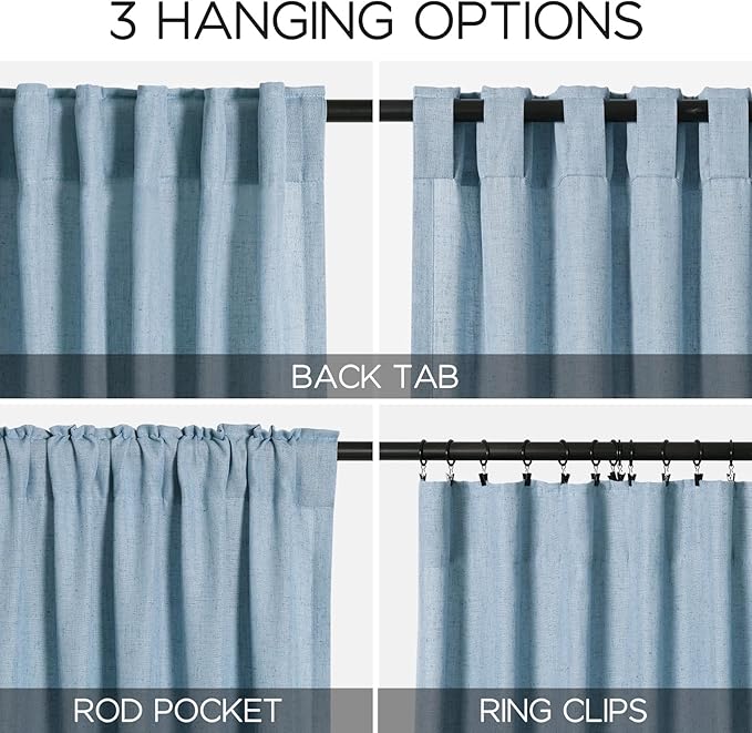 Blue Linen Textured 96 Inch Curtains 2 Panel Set Back Tab Rod Pocket Sheer - Image 3