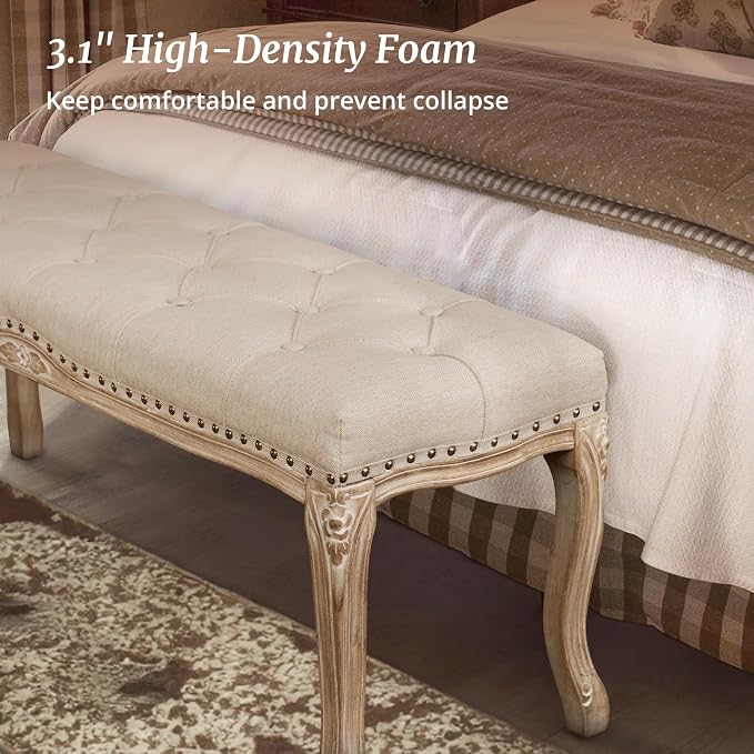 Cozyman Bedroom Bench, French Vintage Tufted Entryway Bench, 45.2" Carving - Image 6