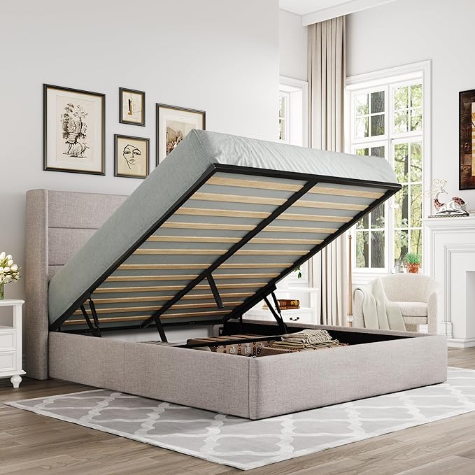 Allewie Full Size Lift Up Storage Bed, Modern Wingback Headboard, Hydraulic by Allewie