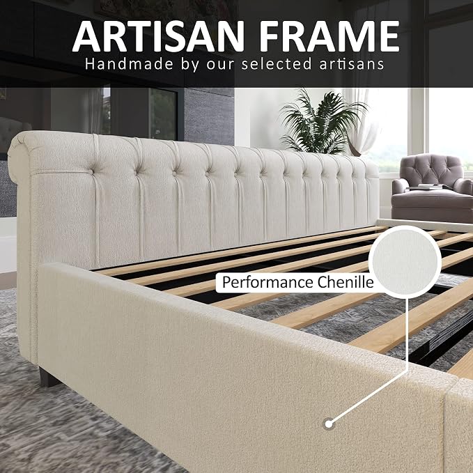 AMERLIFE Queen Size Platform Bed Frame, Chenille Upholstered Sleigh Bed - Image 8