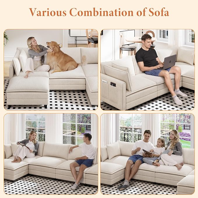 Vesgantti 143" L Shaped Modular Sectional Sofa, Comfy Corduroy Upholstered - Image 7