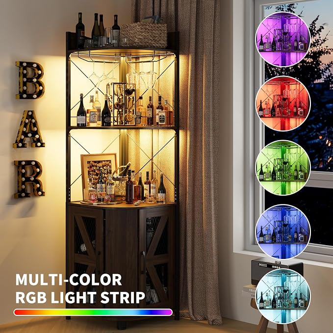 Corner Bar Cabinet with LED Lights and Power Outlet, 63 Inch, 5-Tier Industrial - Image 3
