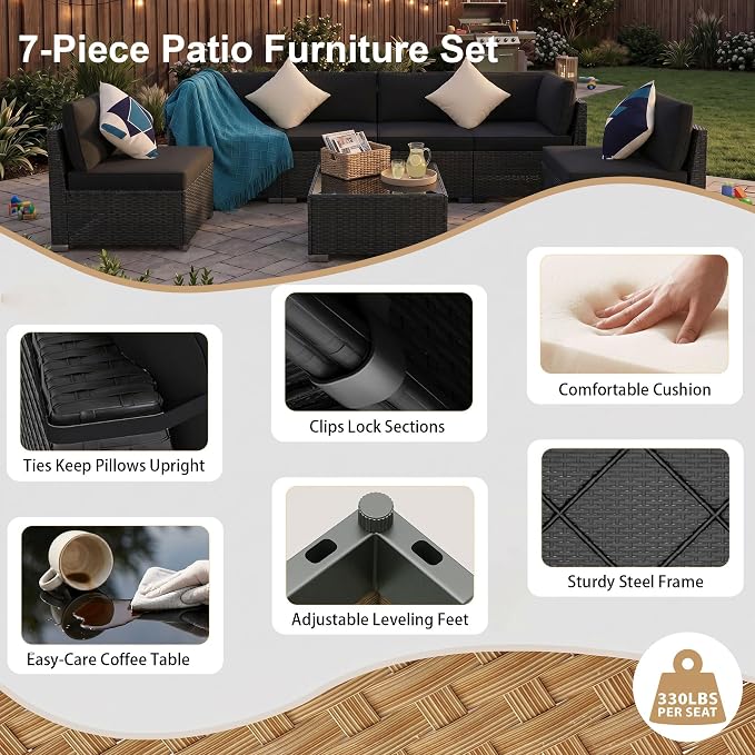 KIGOTY 7-Piece Patio Furniture Set, All-Weather PE Rattan Outdoor Sectional Sofa - Image 7