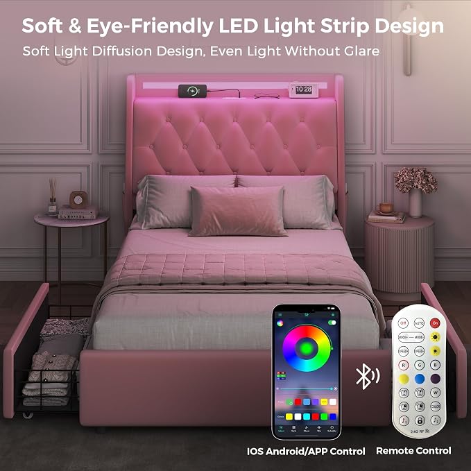 Twin LED Velvet Bed Frame with 2 Storage Drawers&Hidden Headboard, Upholstered - Image 3