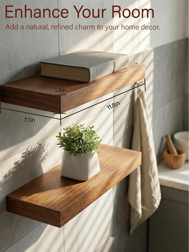 Solid Wood Floating Shelves, 11.8in Finished Real Wood Wall Shelves - Image 4