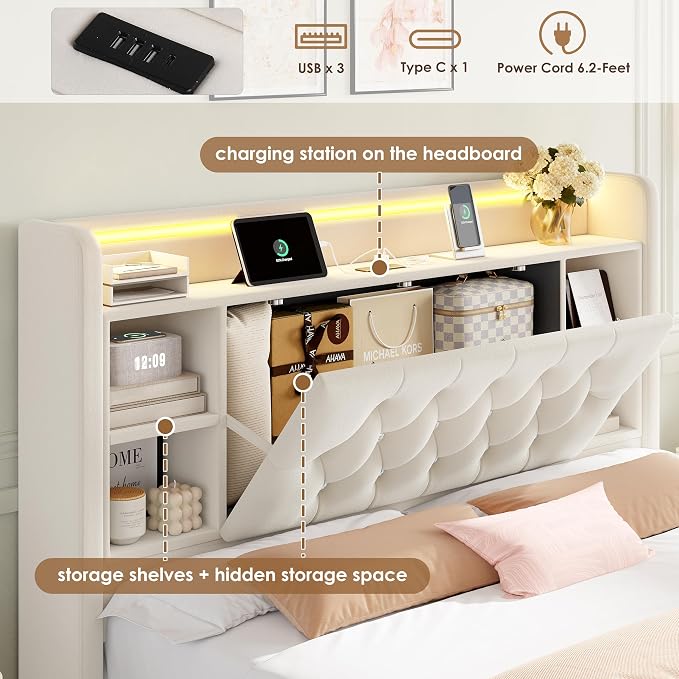 Full Bed Frame with Drawers, Hidden-Cubby & Shelves Storage Headboard with - Image 4
