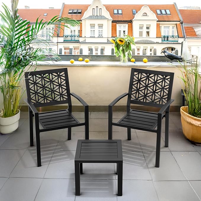 VINGLI 3-Piece Outdoor Bistro Set, Stackable Modern Metal Steel Table and Chairs - Image 7