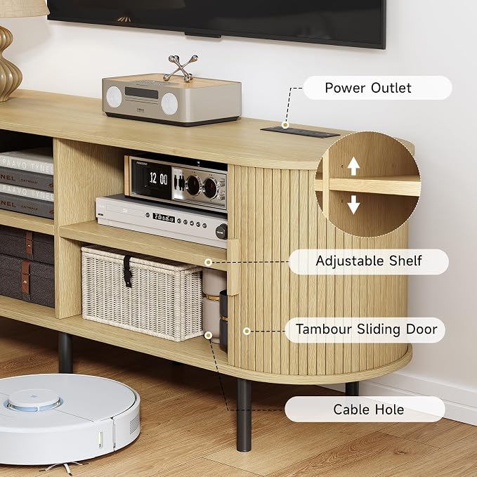 86.6" TV Stand with Power Outlet, Mid-Century Modern Television Stand, Fluted - Image 6