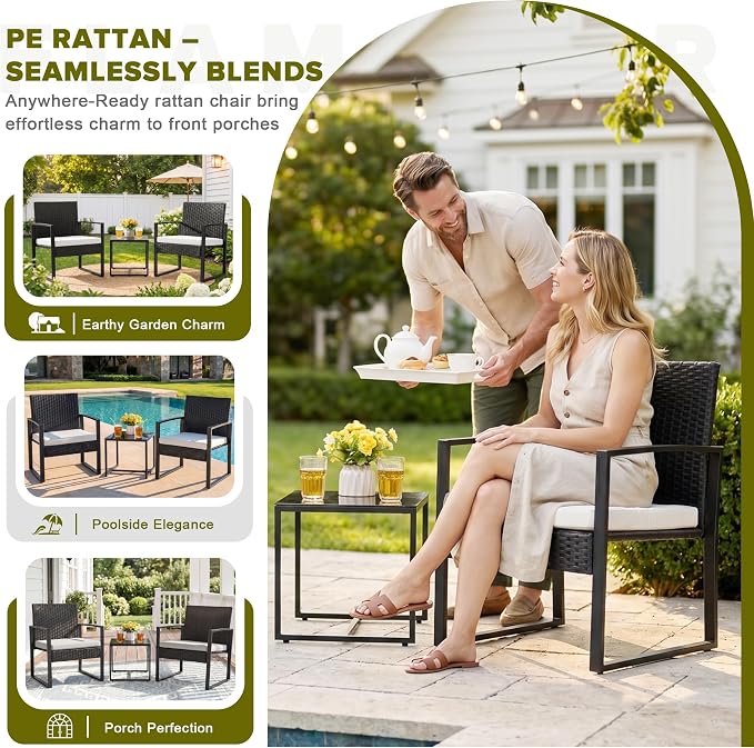 Flamaker 3 Pieces Patio Furniture Outdoor Wicker Modern Rattan Chair - Image 3