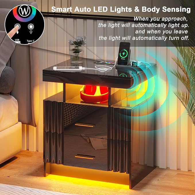 Nightstand with Wireless Charging Station, Bedroom Bedside Table with RGB Lights - Image 5