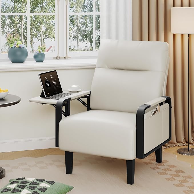 Andeworld Modern Beige Accent Chair, PU Leather Upholstered Armchair Side Chair - Image 6