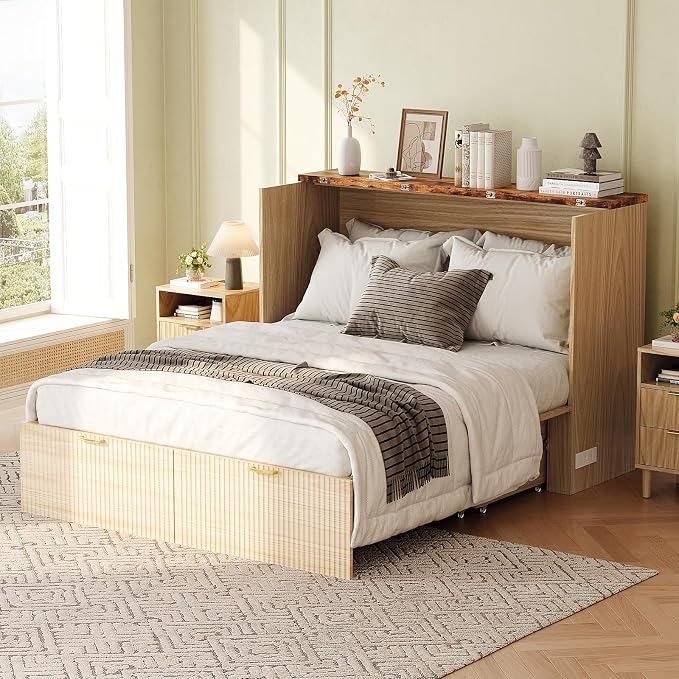 VINGLI Full Murphy Bed with Storage Drawer, 2 Charging Station, Fluted Wooden - Image 9