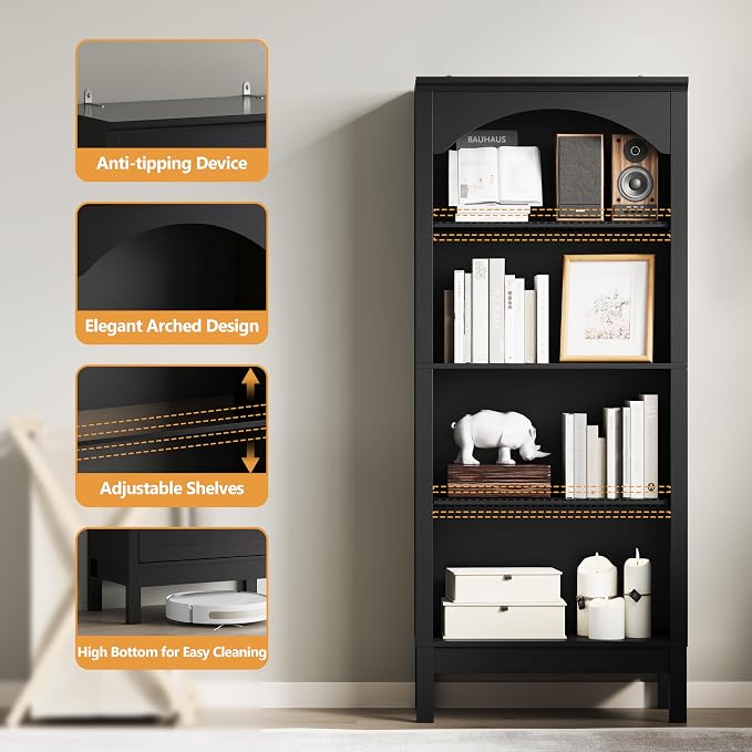 Arched Bookshelf with 4 Tier Open Shelves, Study and Living Room, Modern Black - Image 5