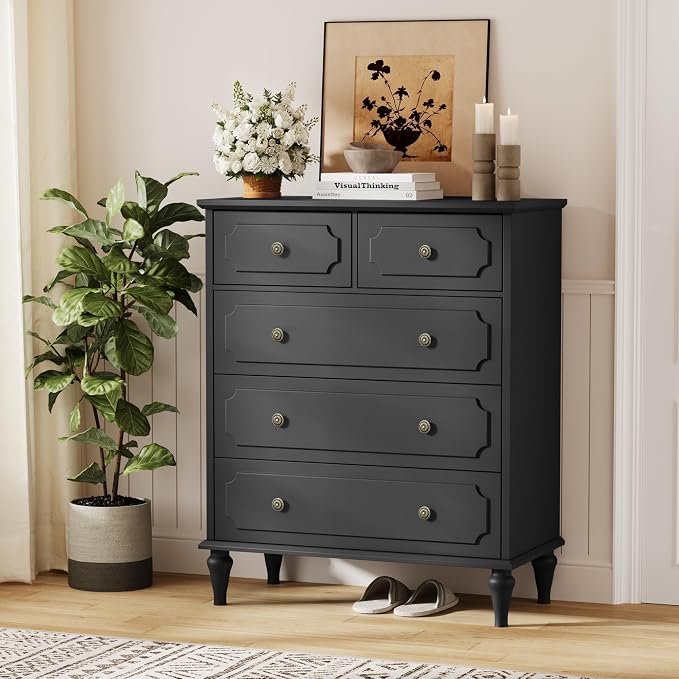 Black Dresser for Bedroom with 5 Drawers, Vintage Tall Dresser with Smooth - Image 6