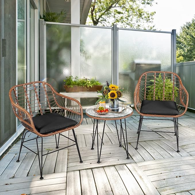 Tangkula 3 Pieces Patio Conversation Bistro Set, Outdoor Wicker Furniture - Image 2