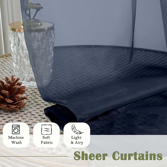 Lecloud Navy Blue Sheer Curtains 63 Inch Length 2 Panels, Rod Pockets Window - Image 4