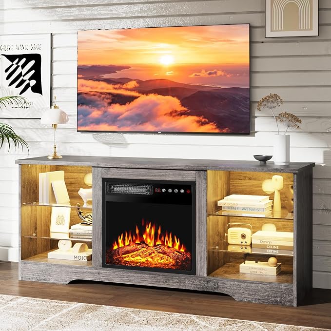 PRETZI Fireplace TV Stand with 18" Fireplace Up to 65" TVs, TV Media Console by PRETZI