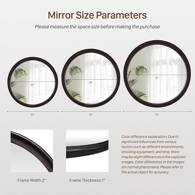Round Mirrors 36 Inch, Rustic Decorative Transitional Dark Walnut Wall Mirror - Image 6
