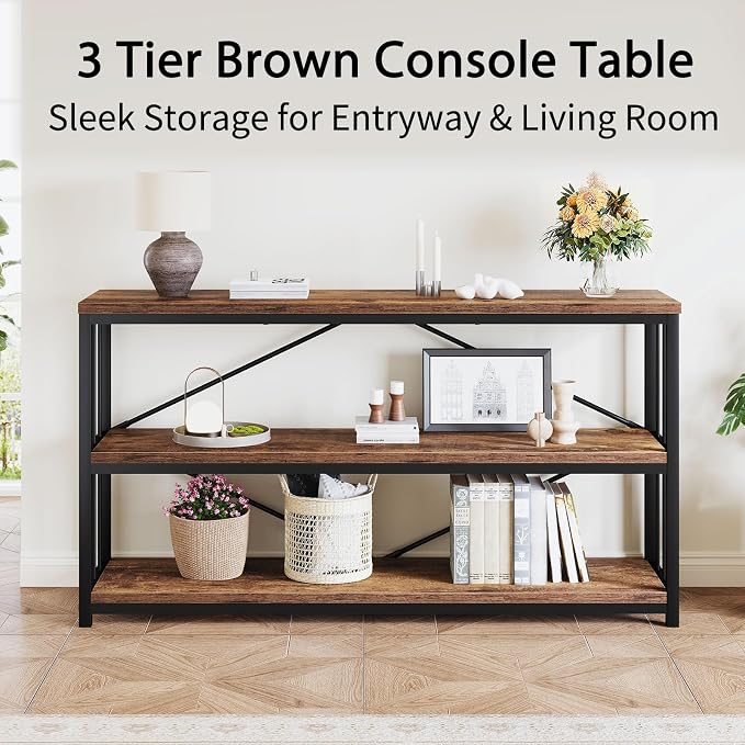 LVB Rustic 3 Tier Entryway Table, Industrial Long Wood Sofa Table Behind Couch - Image 6