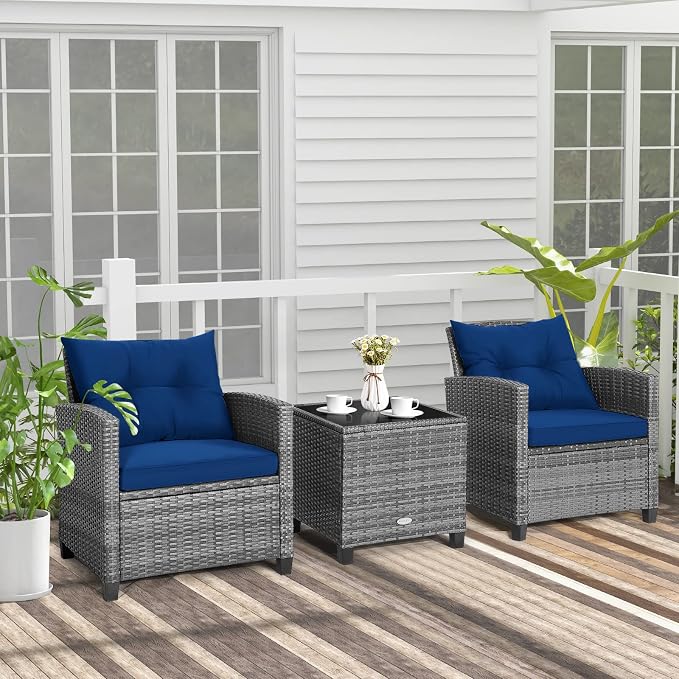 Tangkula 3 Pieces Patio Furniture Set, Outdoor PE Rattan Conversation Chair Set - Image 3