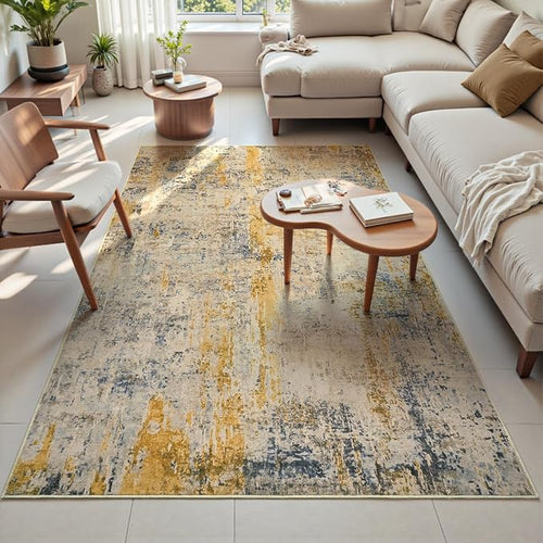 Area Rug 4x6 Beige Rug Washable Boho Rugs Non Slip Low Pile Abstract Small - Image 2