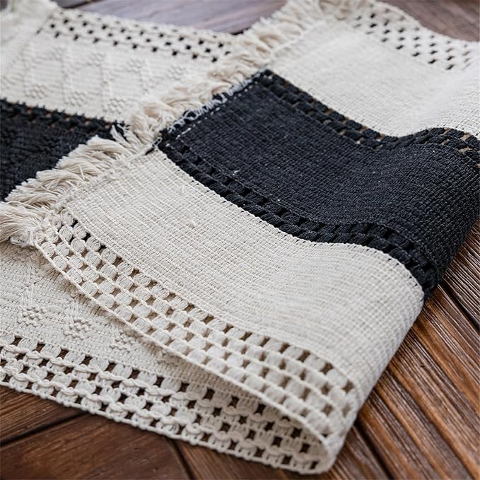 Macrame Table Runner Cream Beige and Black Boho Table Runners - Image 6