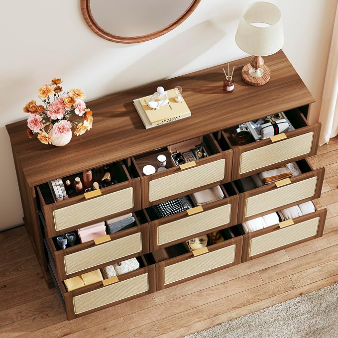 HUAHUU 9 Drawer Dresser for Bedroom, 60 Inch Long Dressers & Rattan Chest of - Image 5