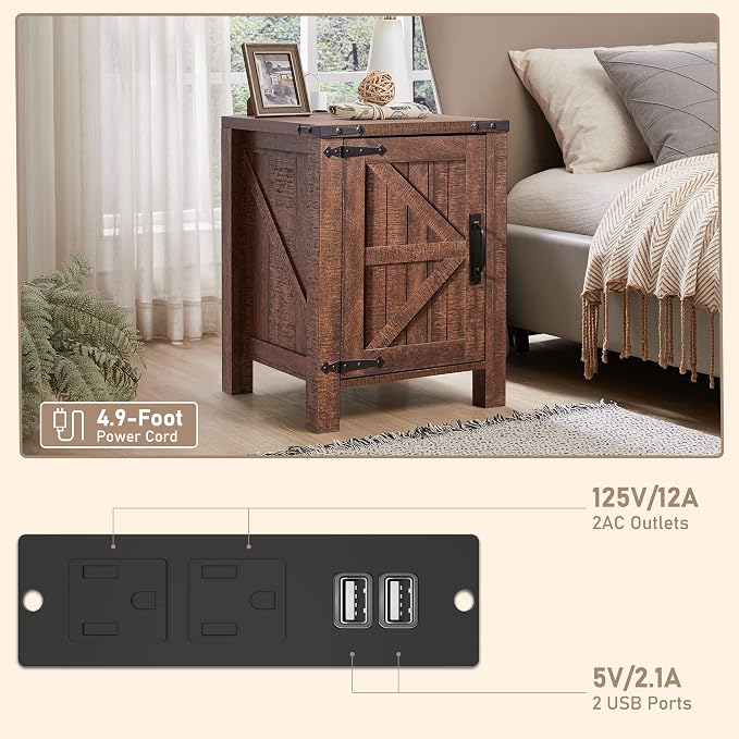 OKD Nightstand w/Charging Station, 18 Inch Farmhouse End Table w/Barn Door and - Image 6