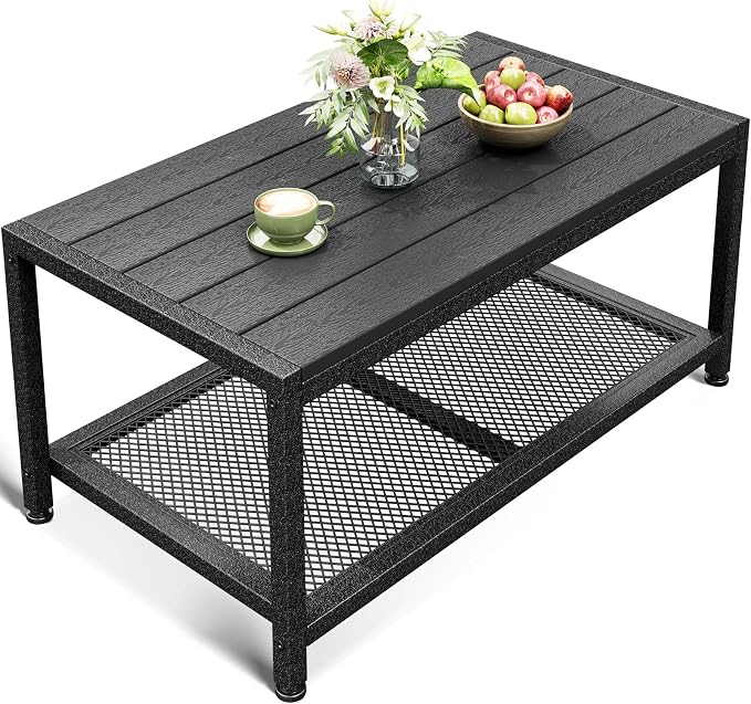 ODK Outdoor Coffee Table with Double-Layer Storage, Rectangle Weather-Resistant by ODK