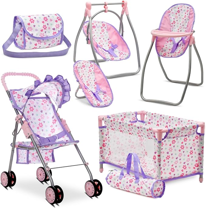 Baby Doll Stroller Bed and Swing Nursery Playset, Baby Doll Accessories by DollsToPlay